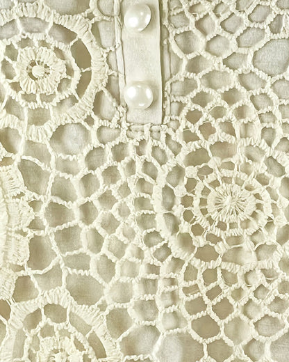 Lace Panel Short Sleeve Beaded Button Blouses