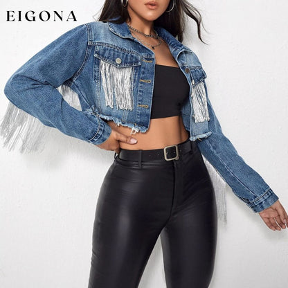 Fringe Detail Long Sleeve Cropped Denim Jacket ASZ@Denim clothes Denim Jacket denim jackets jean jackets Ship From Overseas Shipping Delay 09/29/2023 - 10/03/2023
