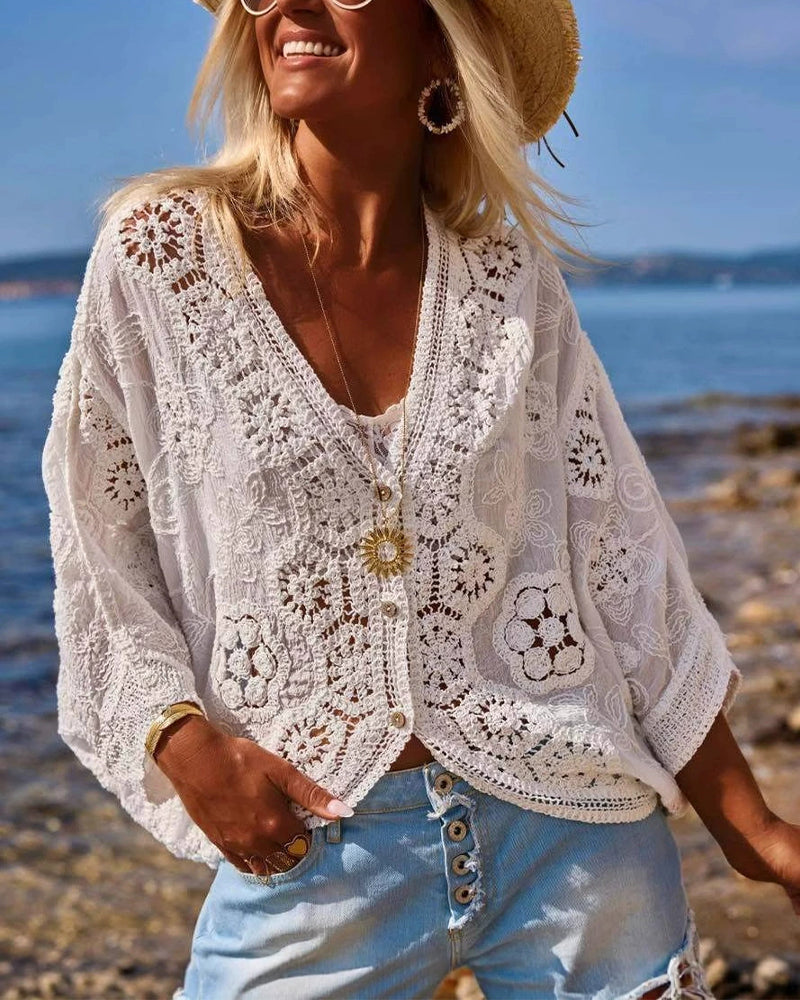 Cutout Lace Loose V-Neck Blouse