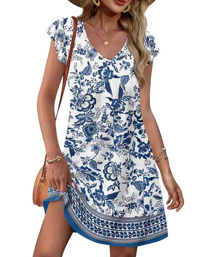 V Neck Ruffle Flutter Sleeve Floral Dress