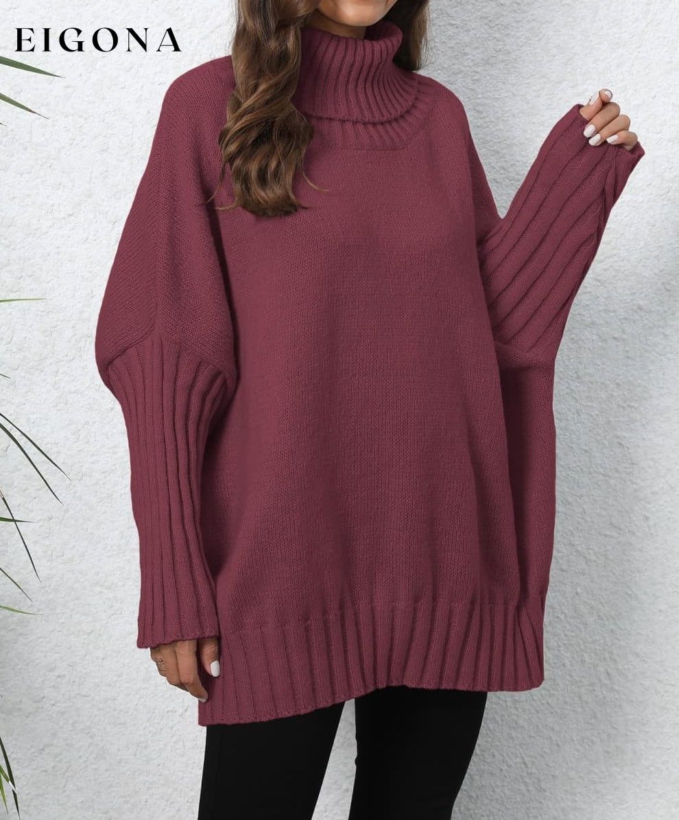 Turtle Neck Long Sleeve Ribbed Sweater Wine One Size clothes O & Y.M Ship From Overseas trend