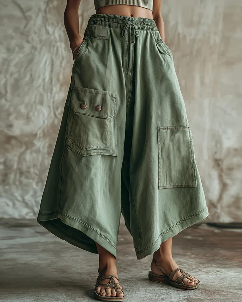 Elastic Waist Drawstring Cargo Wide Leg Pants