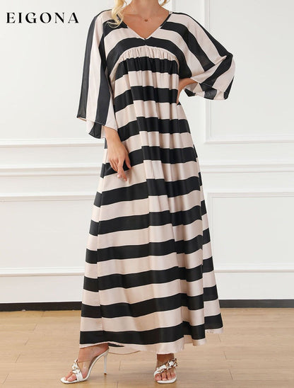 Black V Neck Kimono Sleeve Striped Maxi Dress All In Stock clothes Occasion Daily Print Color Block Season Spring Silhouette A-Line Style Casual