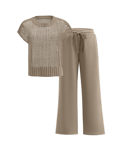 Crew Neck Short Sleeve Hollow-Out Pullover Set