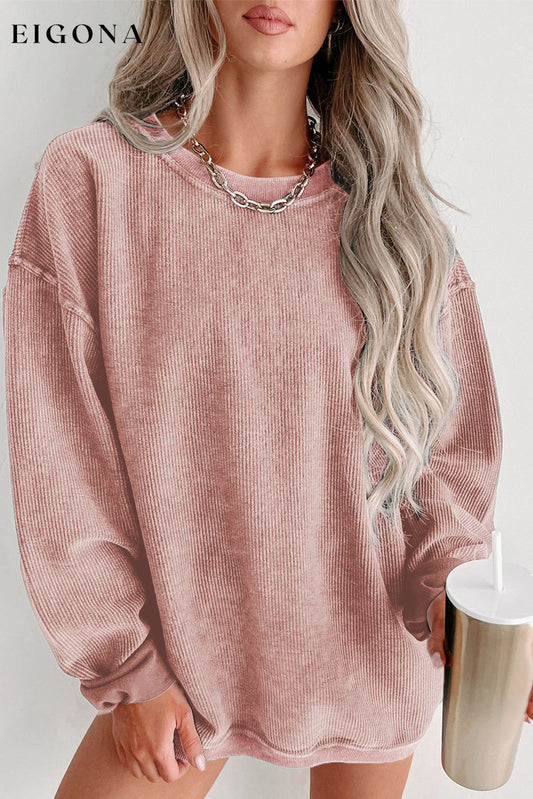 Pink Solid Ribbed Knit Round Neck Pullover Sweatshirt Pink 100%Polyester All In Stock Best Sellers clothes Color Pink Fabric Corduroy Hot picks long sleeve shirt Occasion Daily Print Solid Color Season Fall & Autumn shirts Style Casual Sweater sweaters tops
