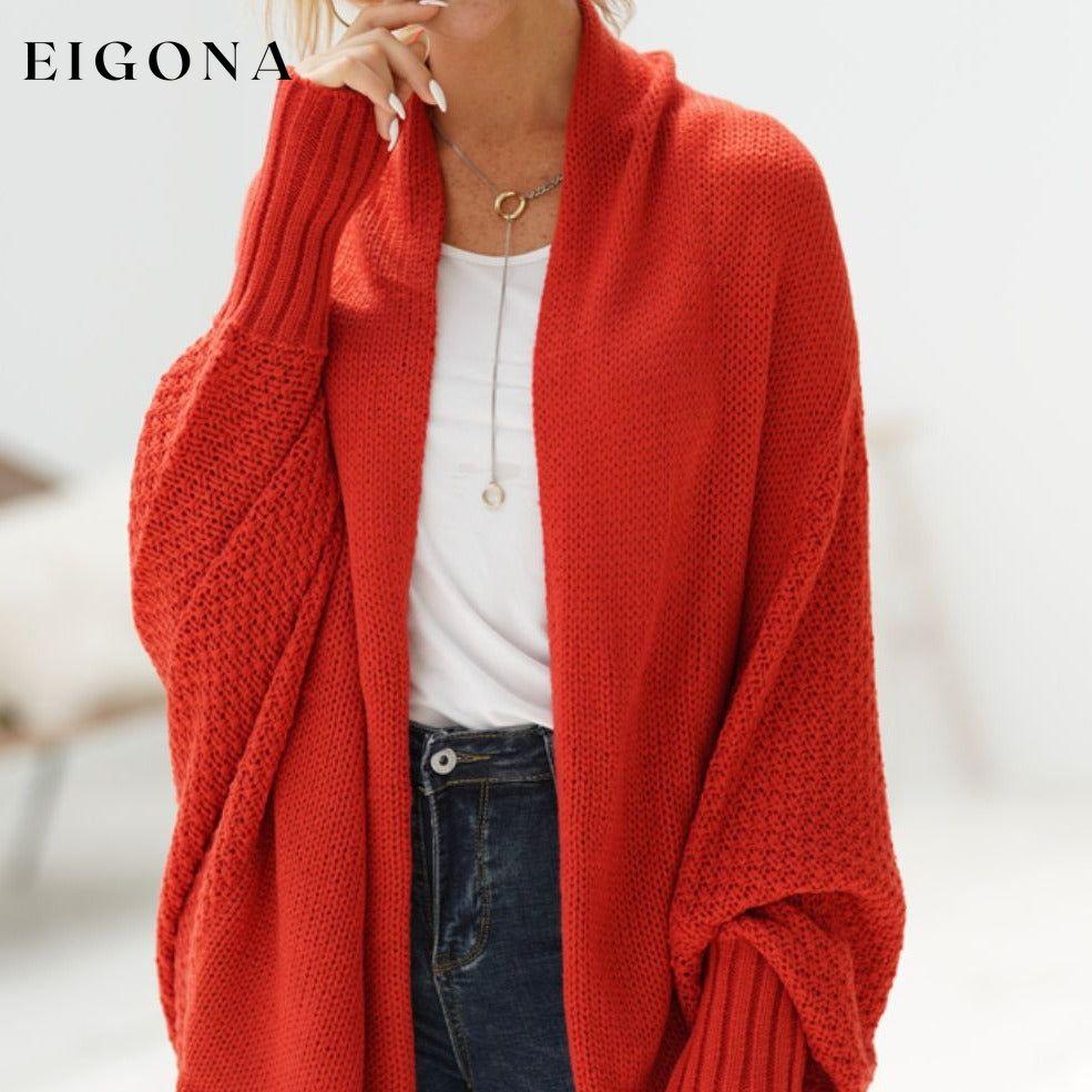 Double Take Sleeve Open Front Ribbed Trim Longline Cardigan Red One Size cardigan cardigans clothes Double Take Ship From Overseas sweaters