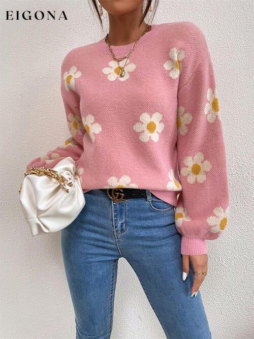 Flower Round Neck Latern Sleeve Sweater Dusty Pink clothes Ship From Overseas sweater sweaters Sweatshirt X.W