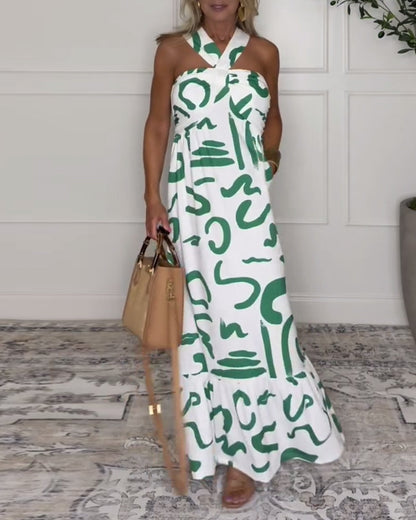 Abito sexy stampato con scollo all'americana e schiena scoperta