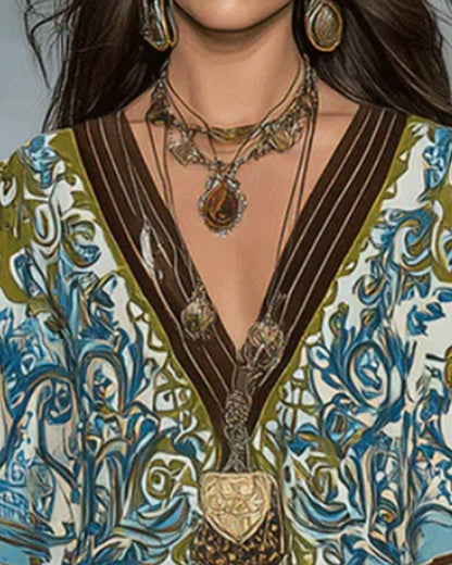 V-Neck Color-Block Print Dress