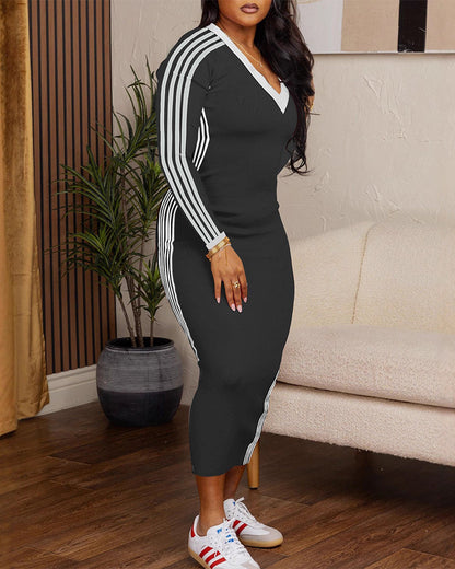 Slim Fit V-Neck Long Sleeve Dress