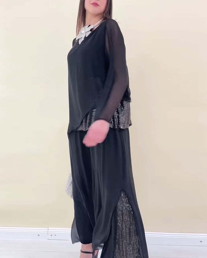 Long-Sleeved Sequined Solid Color Suit