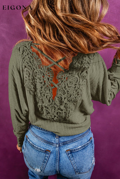 Laurel Green Lace-up Crochet Open Back Ribbed Top clothes long sleeve shirt long sleeve shirts long sleeve top long sleeve tops shirt shirts top tops