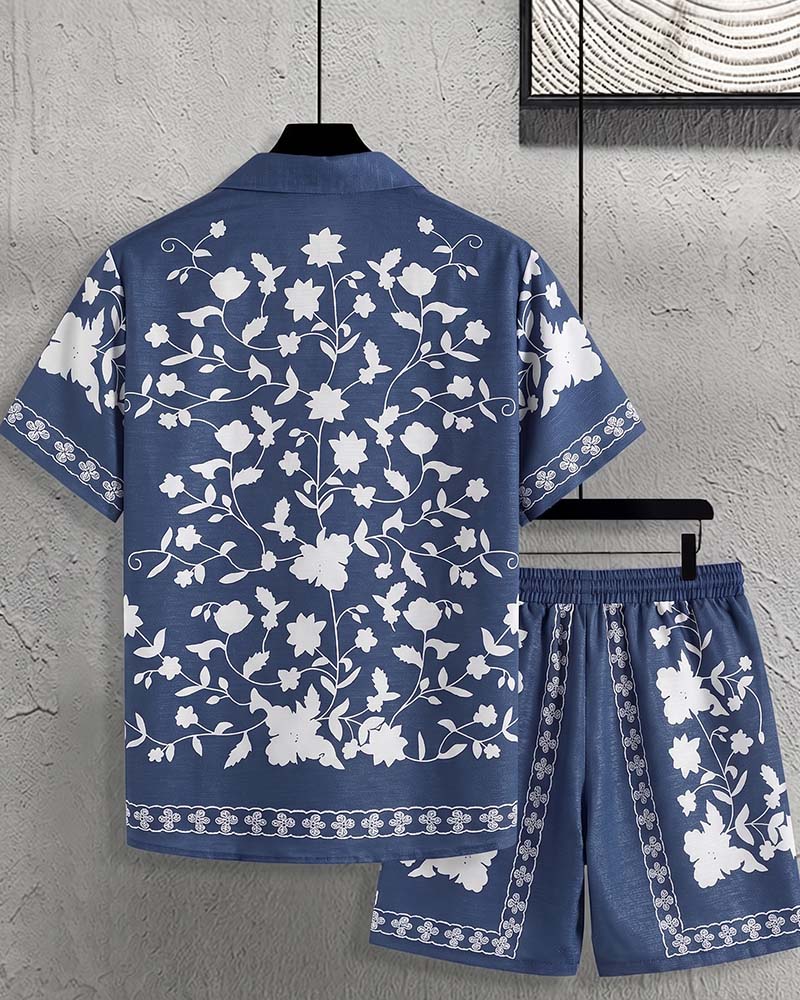 Men's Blue Porcelain Button Front Short Sleeve Set