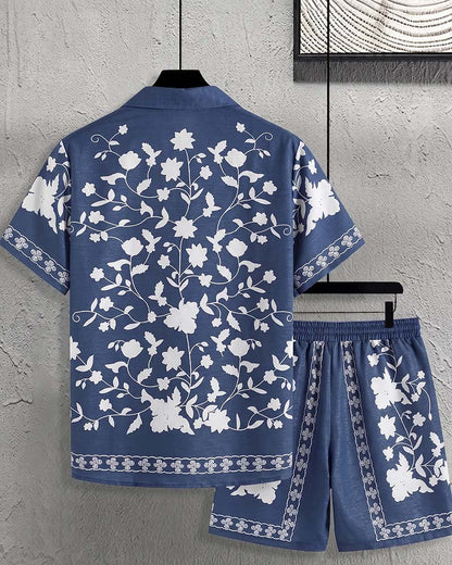 Men's Blue Porcelain Button Front Short Sleeve Set