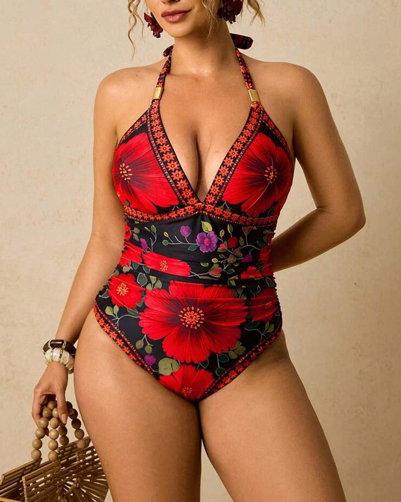 Retro Floral Halter Neck Onesie Swimsuit