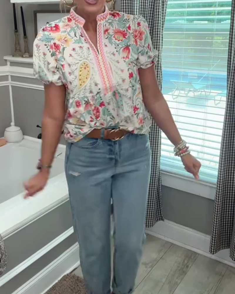 Floral Stand Collar Puff Sleeve Blouse