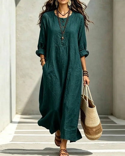 Round Neck Button Pocket Solid Dress