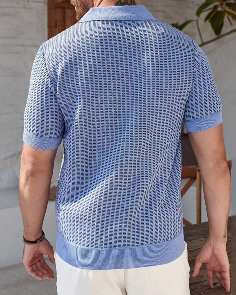 Men's Turn-Down Collar Vertical Stripe T-Shirt