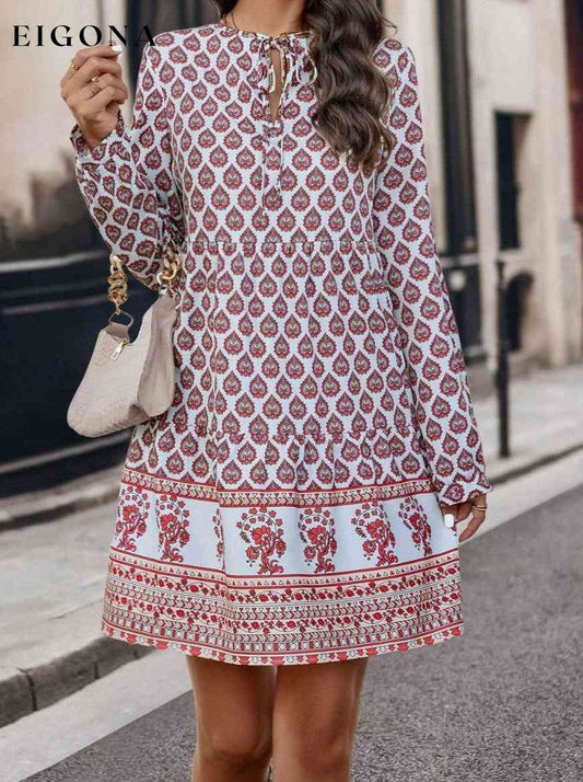 Printed Tie Neck Long Sleeve Dress Deep Red clothes Ship From Overseas YO