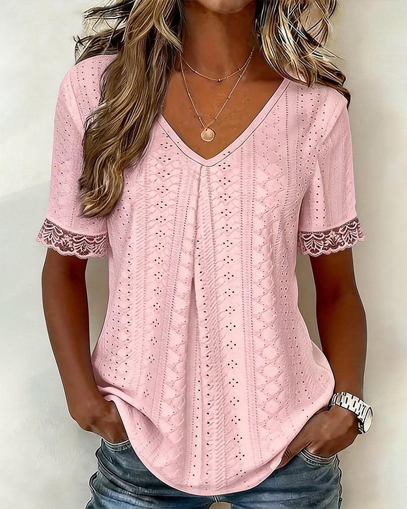 Solid Color V-Neck Cutout Blouse