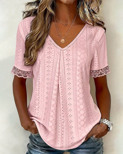 Solid Color V-Neck Cutout Blouse