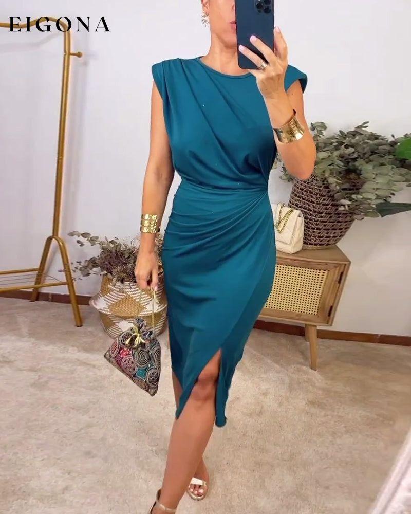 Sleeveless pleated slit solid color dress casual dresses summer