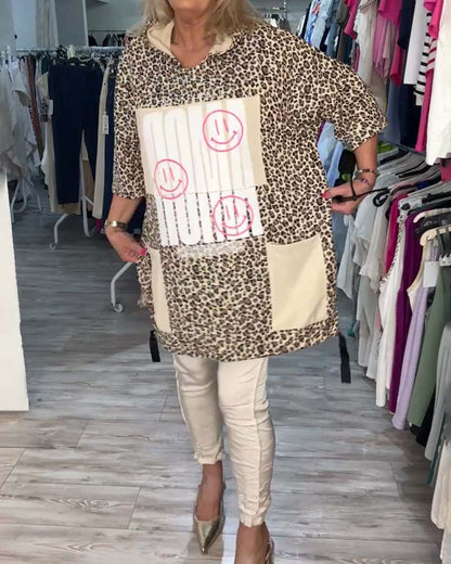 Leopard smiley face print hooded casual top 202466 blouses & shirts spring summer