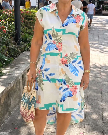 Leaf Print Lapel Shirt Dress
