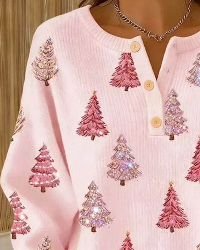 Christmas Tree Print Henley Collar Pullover 2024 f/w christmas pullovers