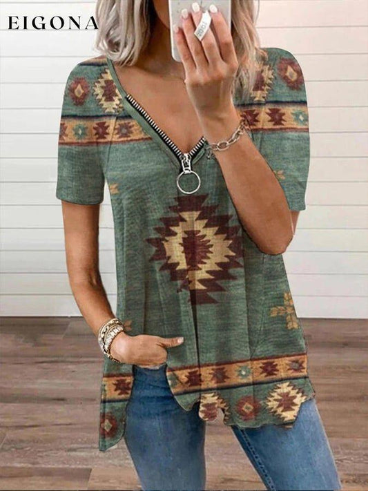 Women's Vintage Aztec Print Zip V-Neck T-Shirt