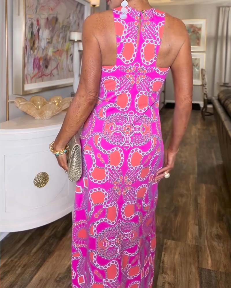 Straight Printed Halterneck Long Dress