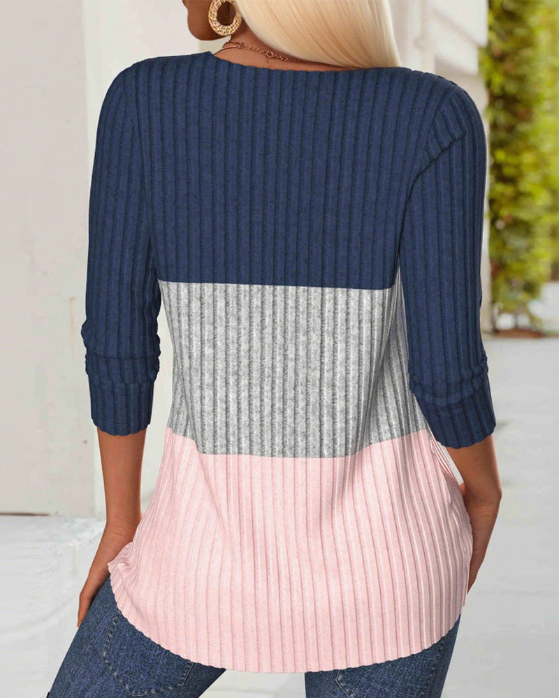 V-Neck Color Block Striped Top