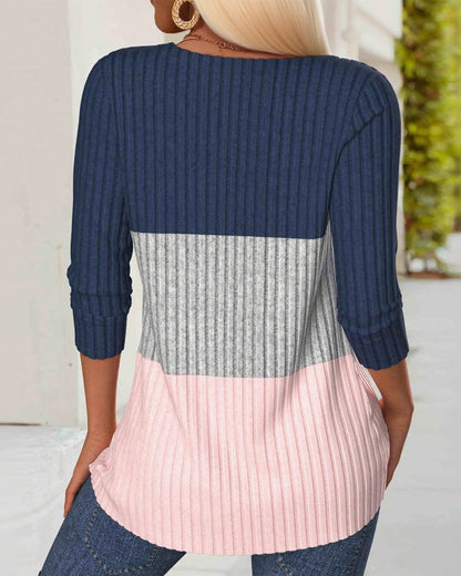 V-Neck Color Block Striped Top