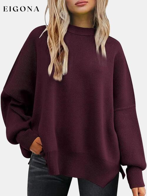 Round Neck Drop Shoulder Slit Sweater Wine clothes R.T.S.C Ship From Overseas Sweater sweaters Sweatshirt