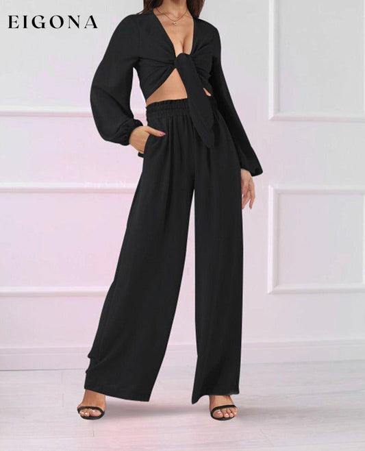 Cutout Long Sleeve Top and Wide Leg Pants Set Black clothes MDML sets Ship From Overseas Shipping Delay 09/29/2023 - 10/02/2023 trend