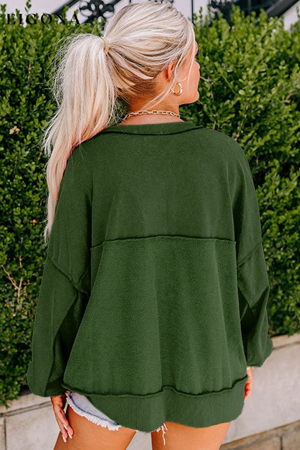 Blackish Green Drop Shoulder Henley Buttons Sweatshirt