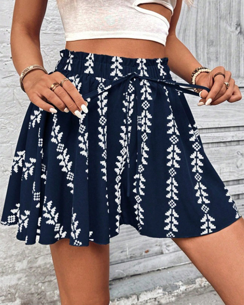 Print Drawstring Loose Fit Flare Short
