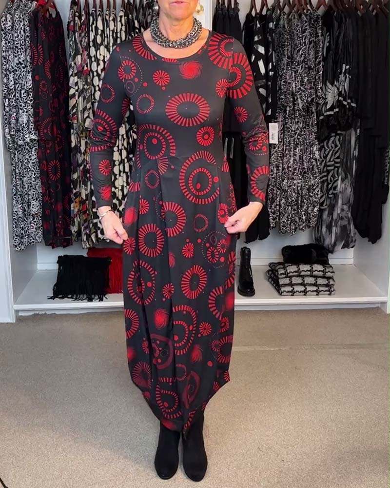 Vintage printed round neck long sleeve slit dress 2024 f/w casual dresses