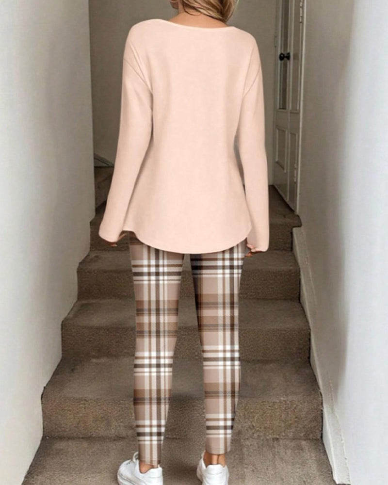 V-Neck Solid Top + Plaid Pants Loungewear Set 2024 f/w spring two-piece sets