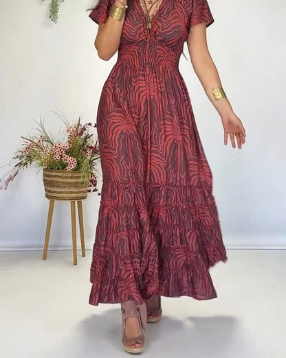 Bohemian V-Neck Pleated Long Dress