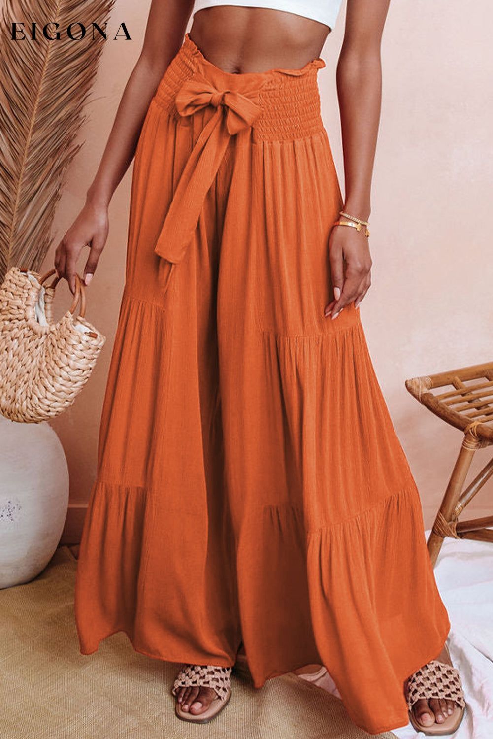 Orange Smocked Waist Tiered Wide Leg Pants bottom bottoms clothes Craft Smocked Occasion Vacation pants Season Summer Style Casual wide leg pants