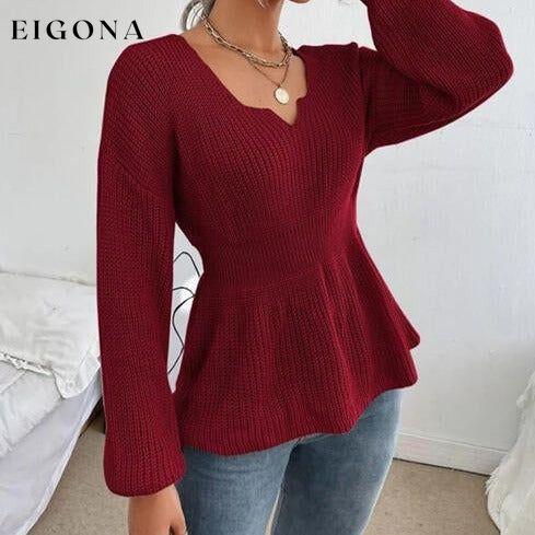 Notched Dropped Shoulder Knit Long Sleeve Top Wine clothes long sleeve shirts long sleeve top long sleeve tops Ship From Overseas shirt shirts short sleeve shirt top tops X.W
