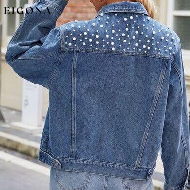 Pearl Detail Collared Neck Long Sleeve Denim Jacket Clothes Denim Jacket Jackets & Coats Manny Ship From Overseas