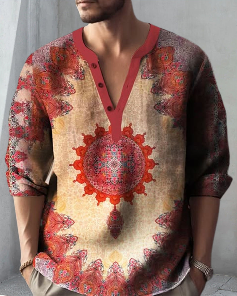 Men's V-Neck Ethnic Style Printed Top