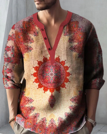 Men's V-Neck Ethnic Style Printed Top blouses & shirts man spring summer