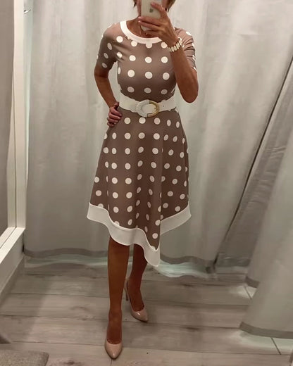 Elegant polka dot print round neck A-line dress casual dresses spring summer