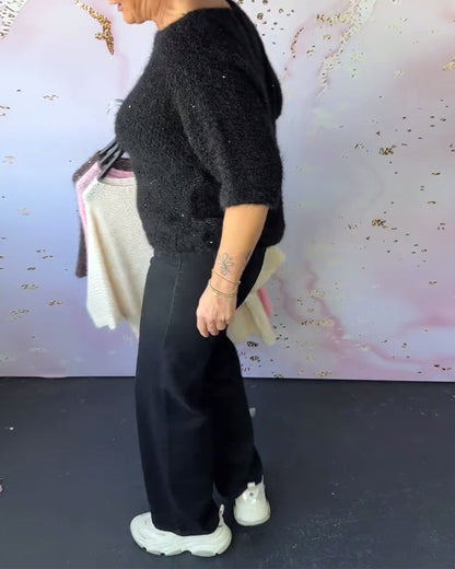 Half-Sleeved Round Neck Sequin Sweater