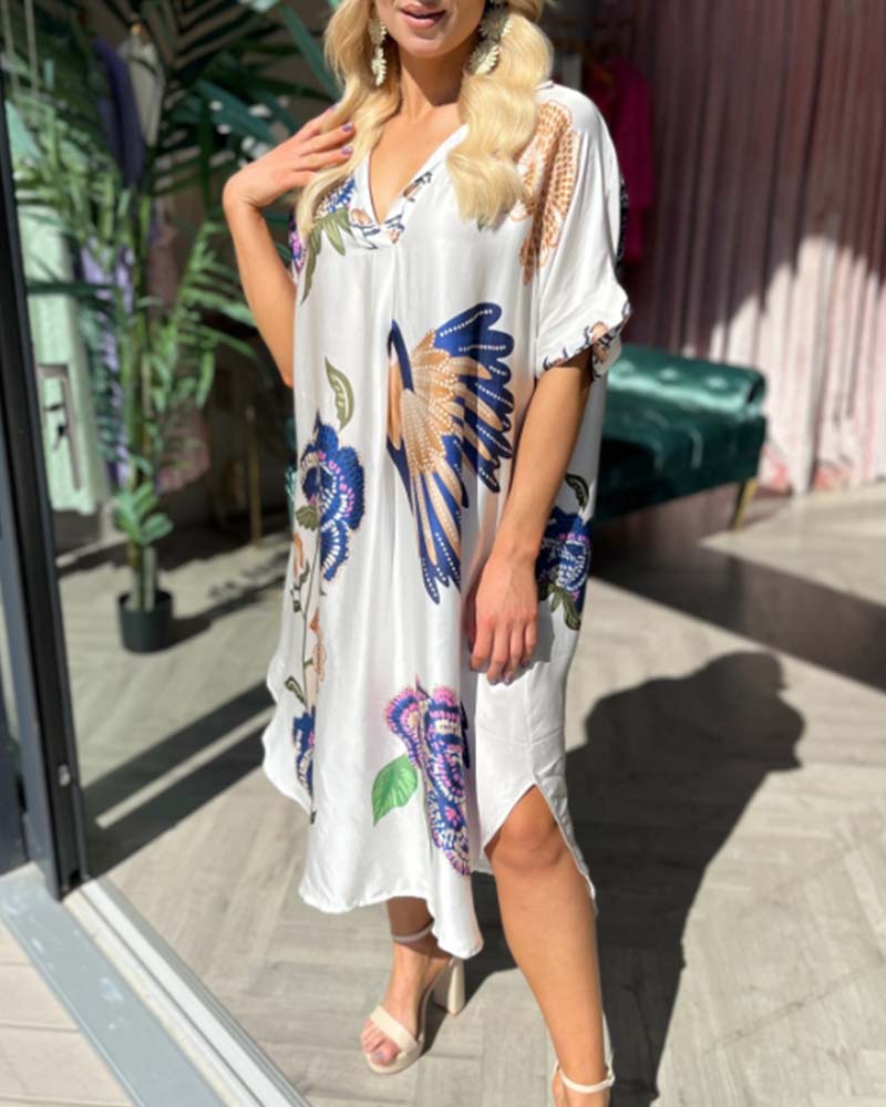 V-neck printed loose dress casual dresses summer