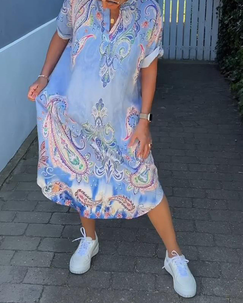 V-neck fold sleeve printed dress casual dresses summer