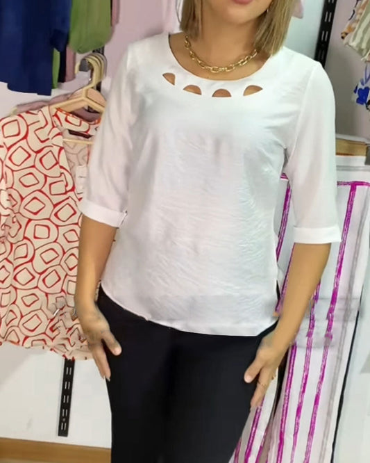 Round Neck Hollow Solid Color Blouse